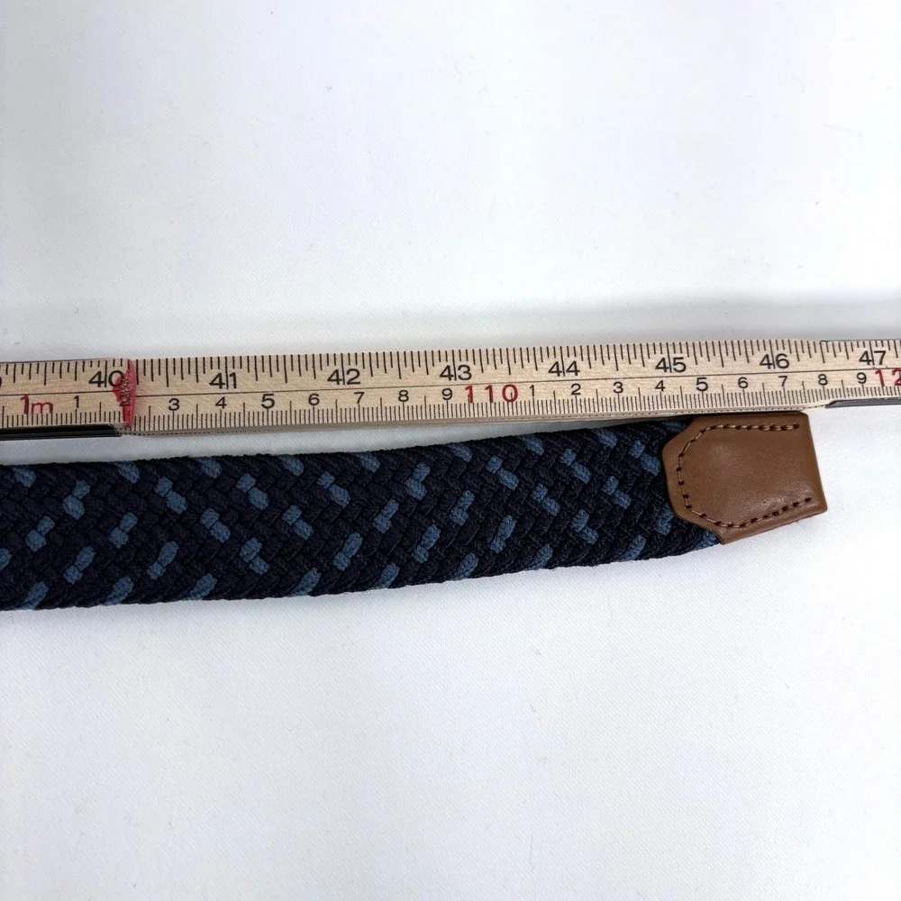 J.Crew Woven Belt Navy Blue Brown Leather Trim Silver Buckle Large